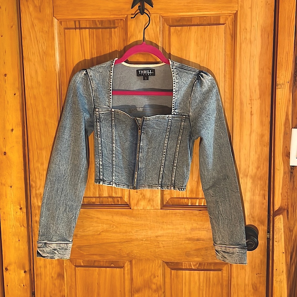 Novelty Wash Denim Blue Square Neck Puff Sleeve Jacket/Crop Top, EUC